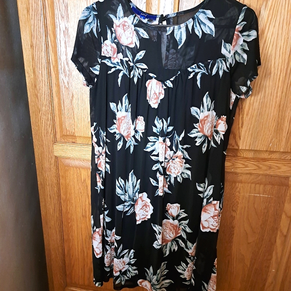 Floral Black Dress with Sheer Sleeves, Lined, Bust 38" By Apt 9 Size Medium